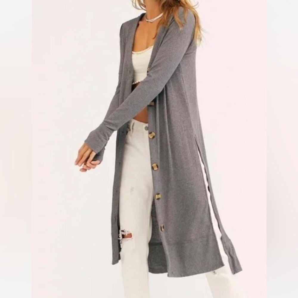We The Free Longline Gray Button-Front Women's Cardigan